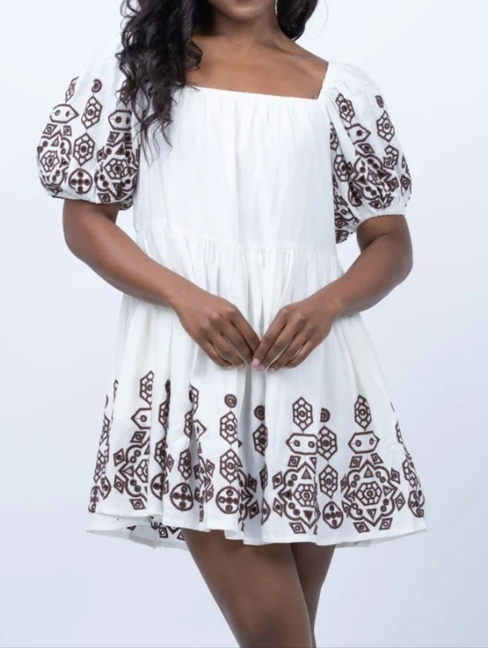 Cleobella Frances Mini Dress Ivory Brown Embroidered Puff Sleeve S Linen Blend